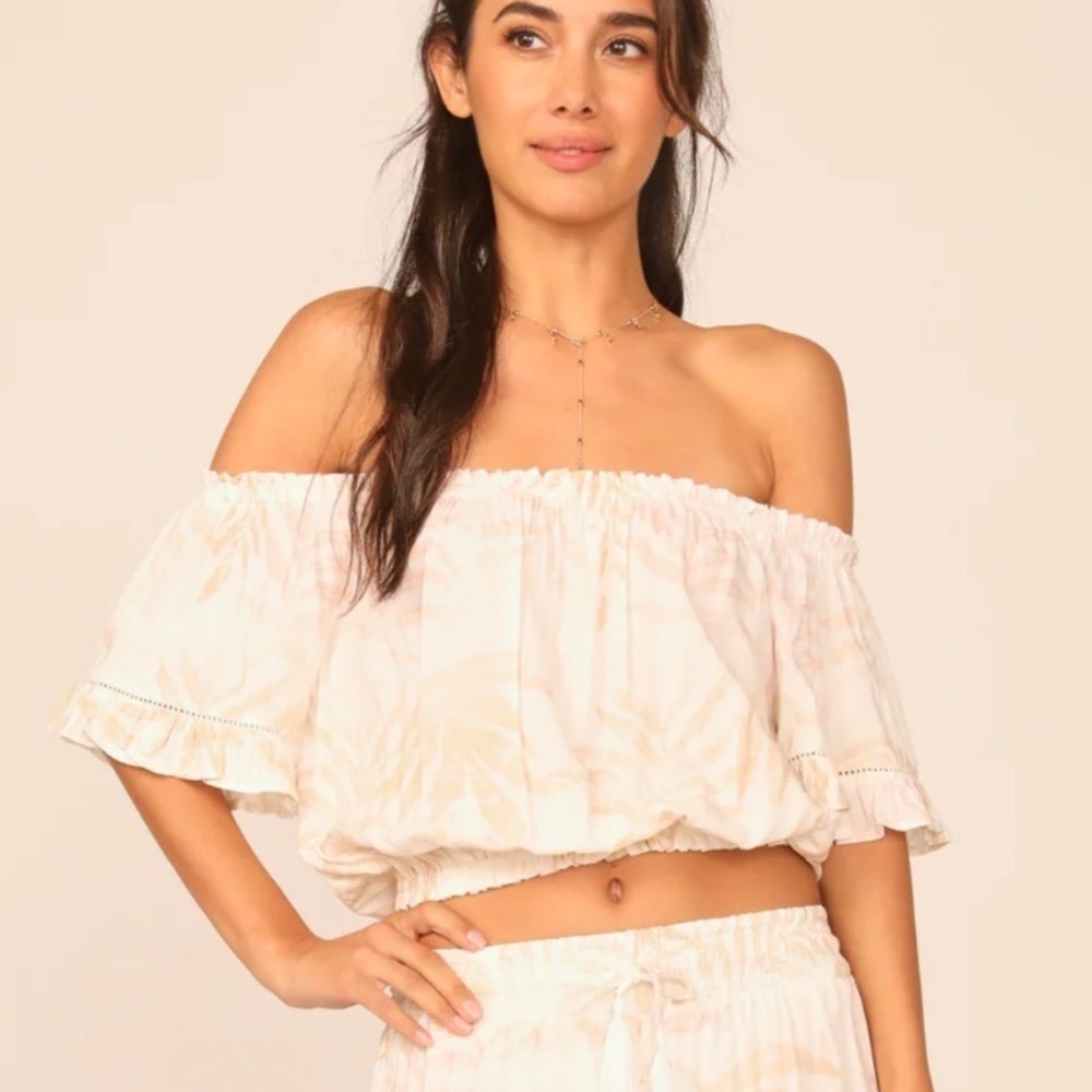 Ocean Drive Sandy Palm Off Shoulder Crop‎ Top Beige White Womens Small NWT